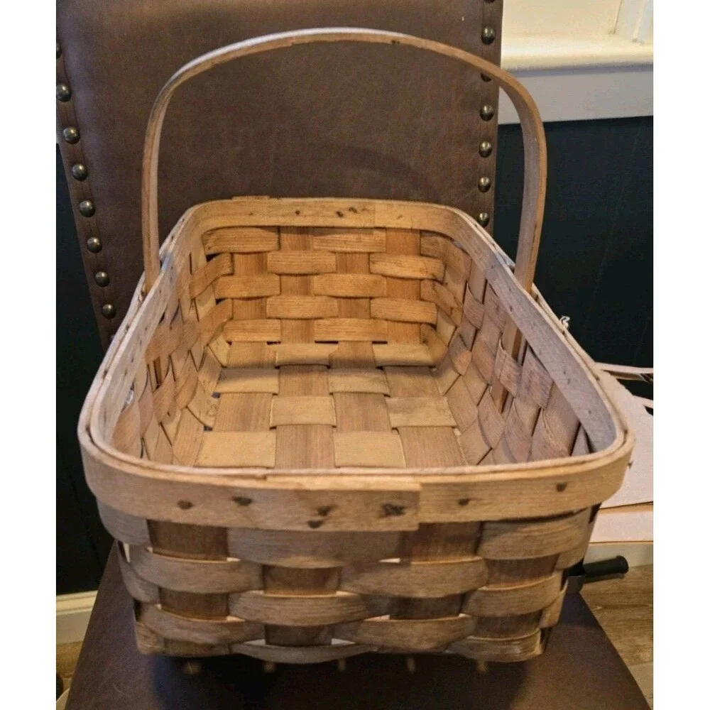 VTG Basketville Wood Woven Open Gathering Basket Fixed Handle Putney Vermont